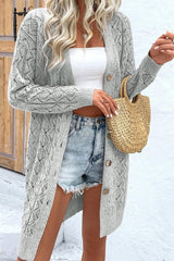 Gray Hollow Out Buttons Front Long Cardigan Cardigans JT's Designer Fashion