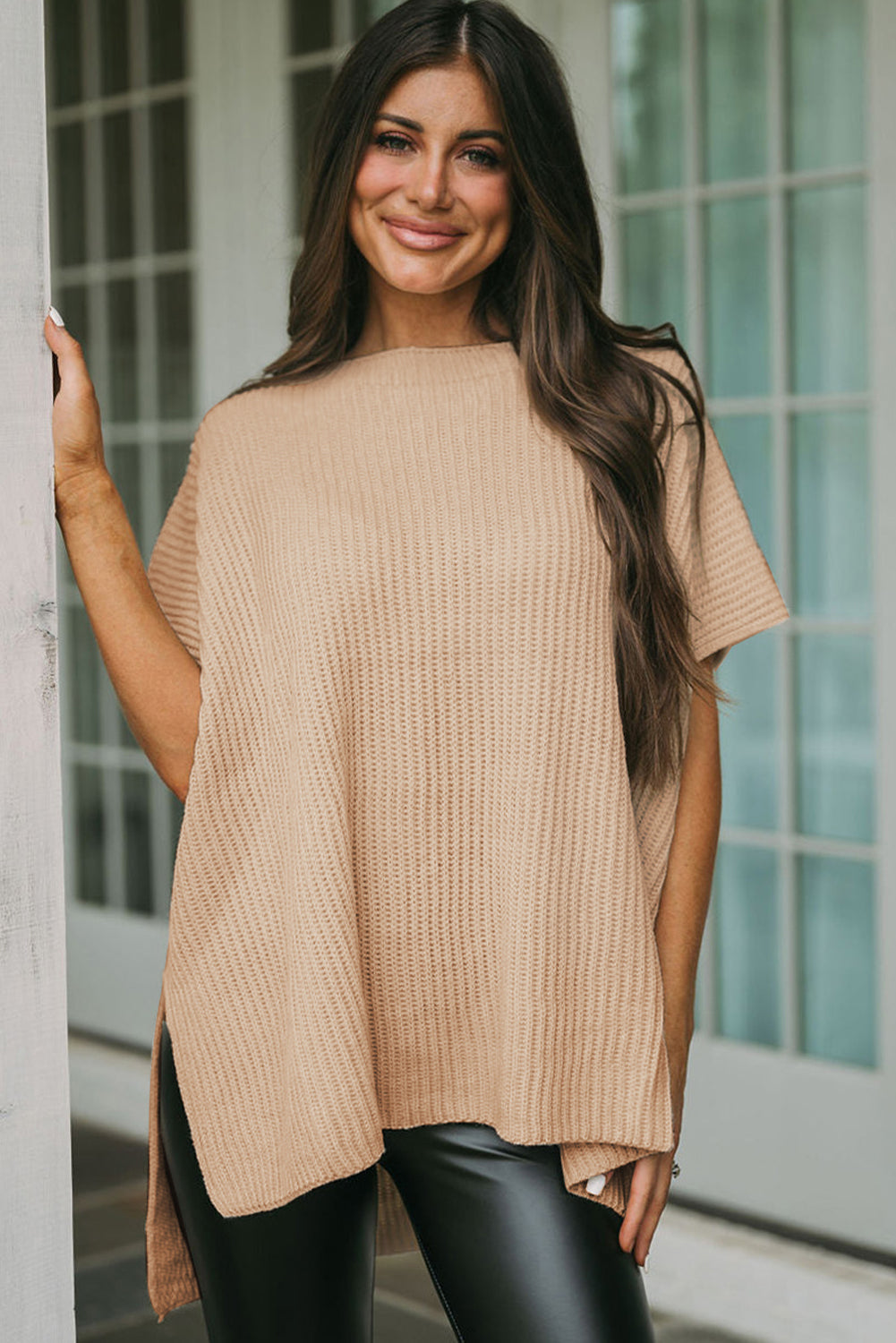 Apricot Short Sleeve Side Slit Oversized Sweater Sweaters & Cardigans JT's Designer Fashion