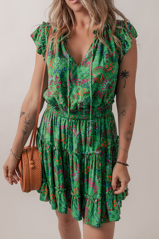 Green Floral Tie Split Neck Frilly Ruffle Trim Tiered Short Dress Floral Dresses JT's Designer Fashion
