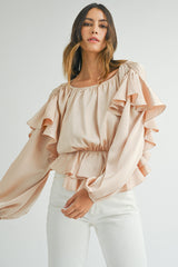 Oatmeal Lace-up Keyhole Back Ruffled Peplum Blouse Blouses & Shirts JT's Designer Fashion