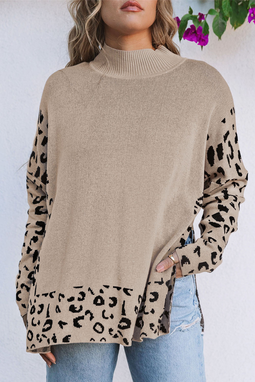 Khaki Leopard High Neck Side Slit Oversized Sweater Sweaters & Cardigans JT's Designer Fashion