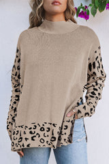 Khaki Leopard High Neck Side Slit Oversized Sweater Sweaters & Cardigans JT's Designer Fashion