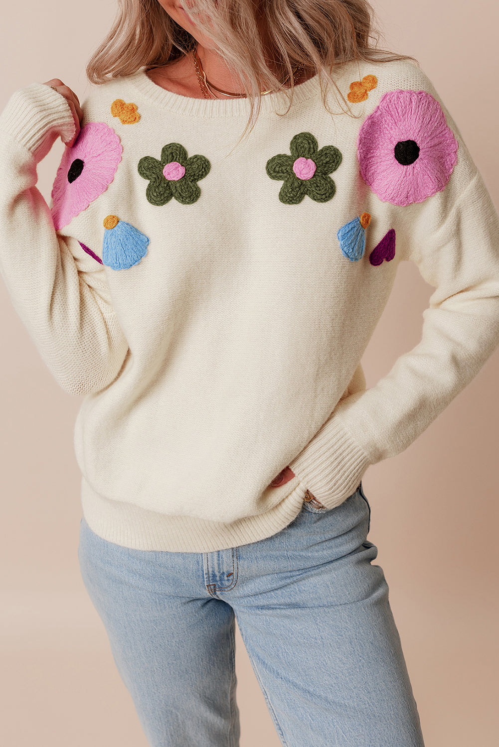Beige Knitted Flower Pattern Ribbed Edge Sweater Beige 42%Acrylic+30%Polyester+28%Polyamide Sweaters JT's Designer Fashion