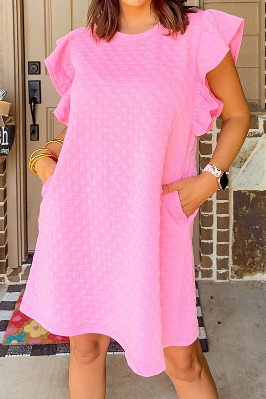 Pink Textured Ruffled Sleeve Shift Summer Dress with Pockets Pink 97%Polyester+3%Elastane Mini Dresses JT's Designer Fashion
