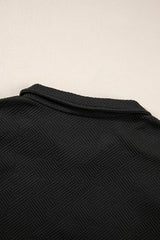 Black Plus Ruffled Sleeve Quarter Zip Top Wide Leg Pants Set Plus Size Bottoms JT's Designer Fashion