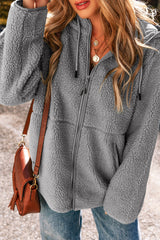 Medium Grey Fleece Zip Up Drawstring Hooded Pocketed Jacket Jackets JT's Designer Fashion