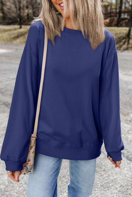 Navy Blue Plain Drop Shoulder Crewneck Pullover Sweatshirt Sweatshirts & Hoodies JT's Designer Fashion
