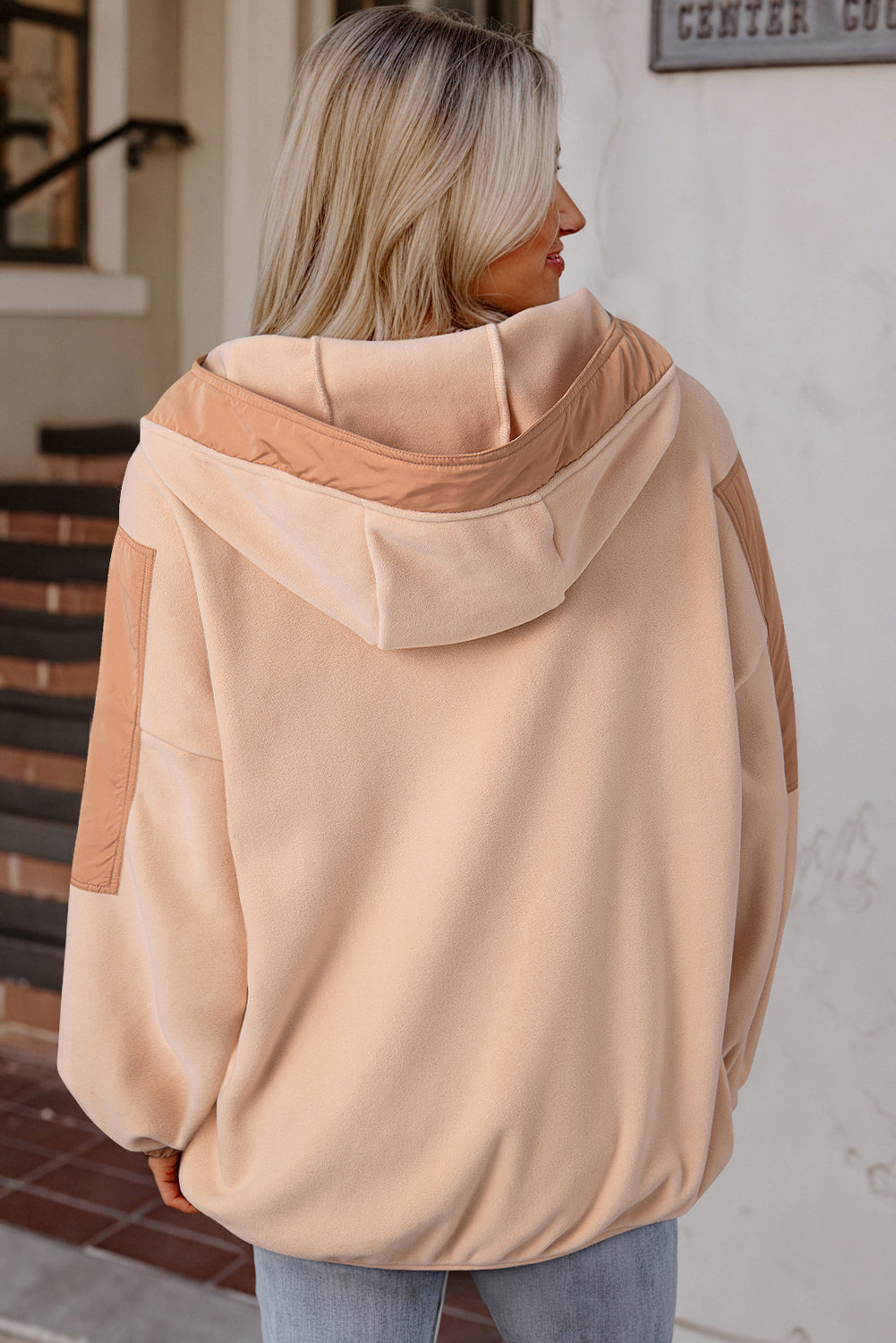 Light French Beige Colorblock Patchwork Half Zip Oversized Sherpa Hoodie Sweatshirts & Hoodies JT's Designer Fashion