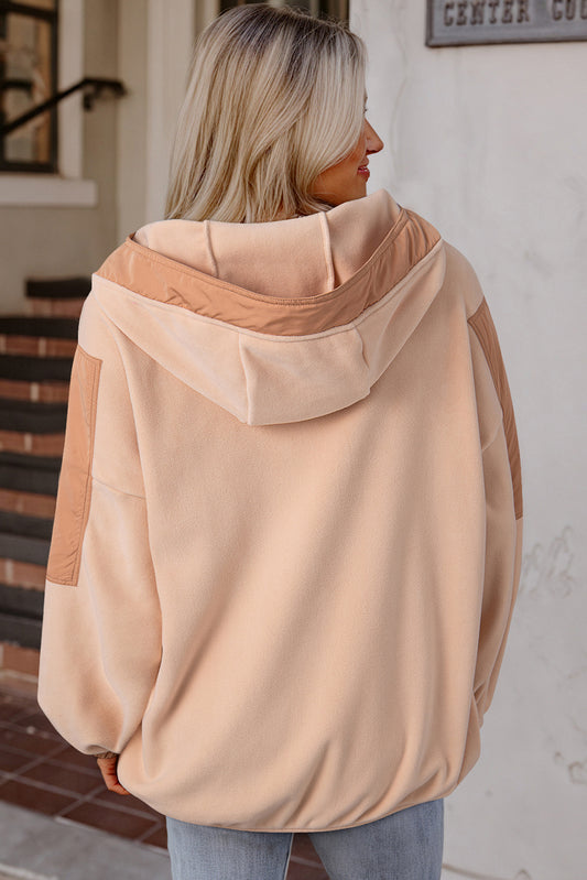Light French Beige Colorblock Patchwork Half Zip Oversized Sherpa Hoodie Sweatshirts & Hoodies JT's Designer Fashion