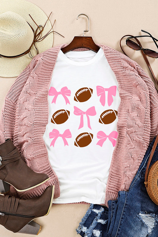White Bowknot Rugby Football Printed Game Day T Shirt Graphic Tees JT's Designer Fashion