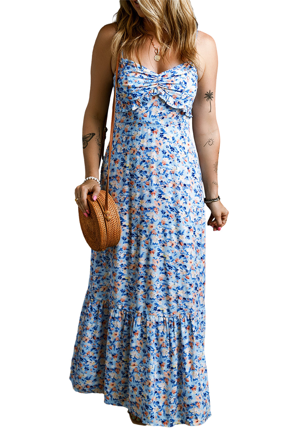 Sky Blue Sexy Frilly Pleated Long Floral Dress Dresses JT's Designer Fashion
