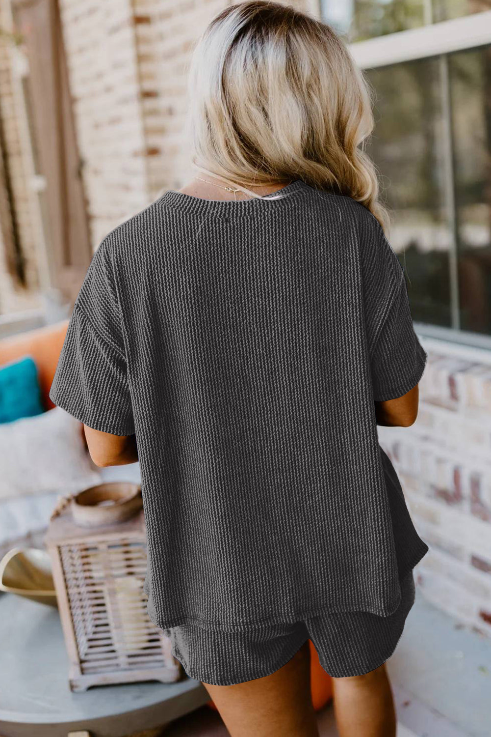 Carbon Grey Ribbed Textured Knit Loose Fit Tee and Shorts Set Short Sets JT's Designer Fashion