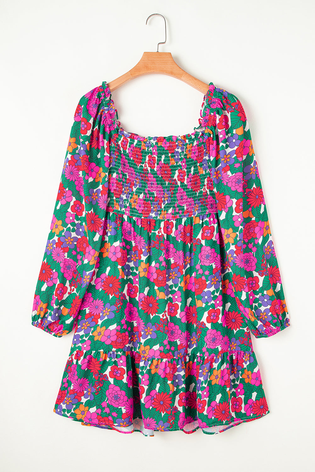 White Plus Size Floral Frilled Square Neck Shirred Long Sleeve Dress Plus Size Mini Dresses JT's Designer Fashion
