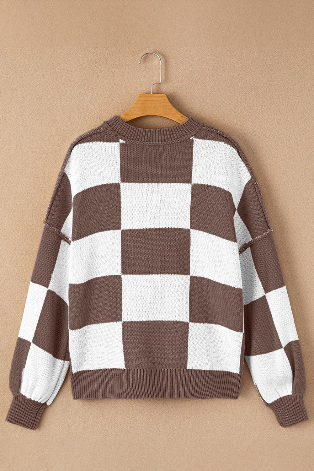 Dark Brown Checkered Bishop Sleeve Sweater Sweaters JT's Designer Fashion