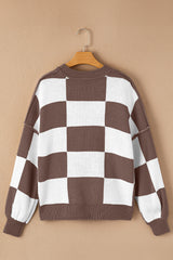 Dark Brown Checkered Bishop Sleeve Sweater Sweaters JT's Designer Fashion