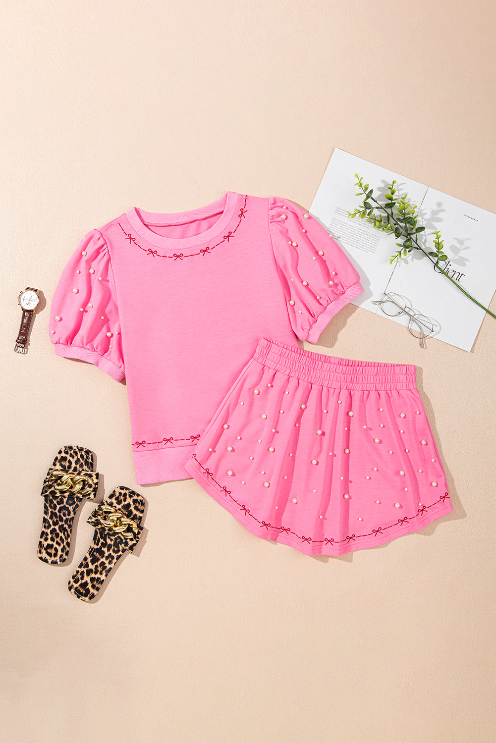Pink Contrast Bow Trim Pearl Puff Sleeve Blouse and Skort 2pcs Set Short Sets JT's Designer Fashion