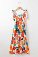 Orange Floral Self Tied Straps Smocked Bust Maxi Dress Floral Dresses JT's Designer Fashion