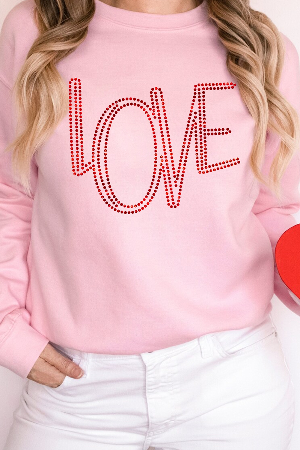 Pink LOVE Graphic Drop Shoulder Valentines Pullover Sweatshirt Graphic Sweatshirts JT's Designer Fashion