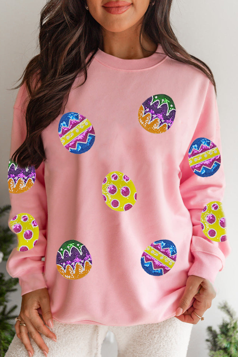 Pink Easter Egg Patched Graphic Drop Shoulder Pullover Sweatshirt Pink 50%Polyester+50%Cotton Graphic Sweatshirts JT's Designer Fashion