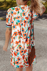 Orange Contrast Trim Floral Split Neck Puff Short Sleeve Tiered Mini Dress Floral Dresses JT's Designer Fashion