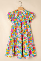 Sky Blue Floral Print Smocked Notch V Neck Flutter Sleeve Mini Dress Floral Dresses JT's Designer Fashion