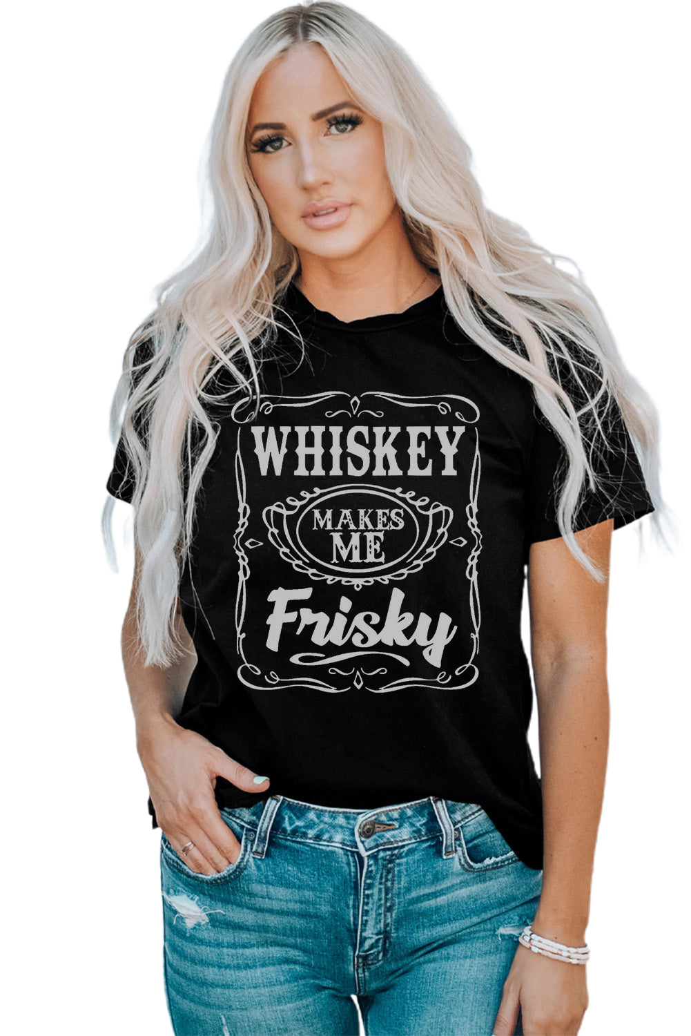 Black WHISKEY Makes Me Frisky Print Graphic Tee Graphic Tees JT's Designer Fashion