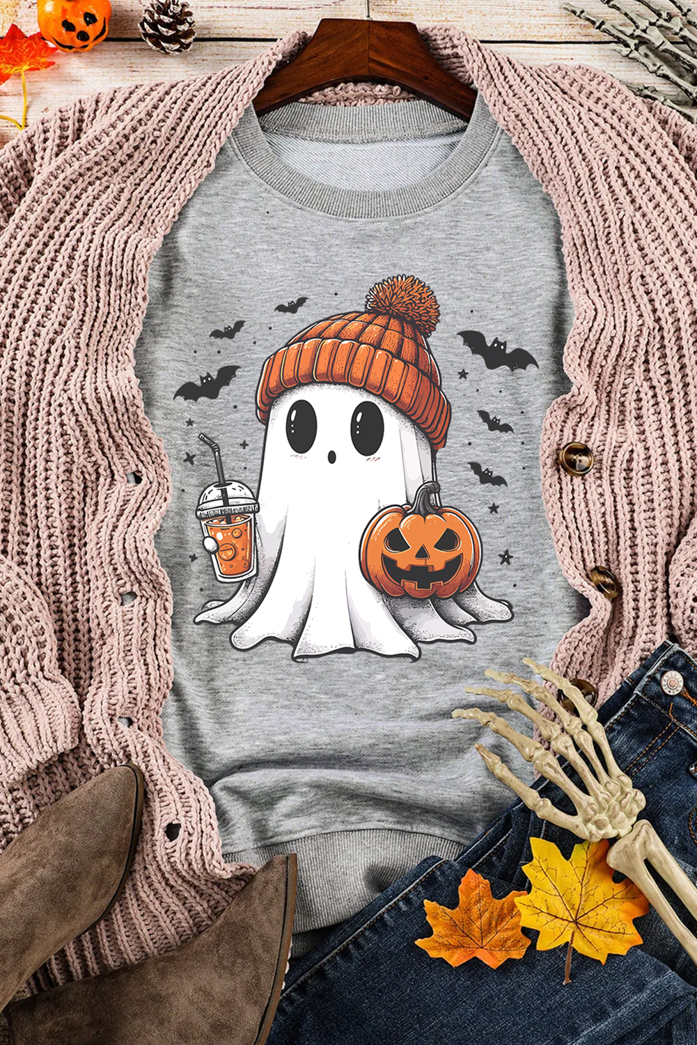 Gray Halloween Ghost Print Crewneck Drop Shoulder Sweatshirt Graphic Sweatshirts JT's Designer Fashion