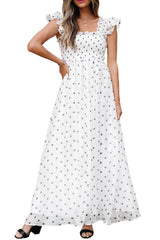White Polka Dot Flutter Sleeve Square Neck Smocked Long Dress Maxi Dresses JT's Designer Fashion