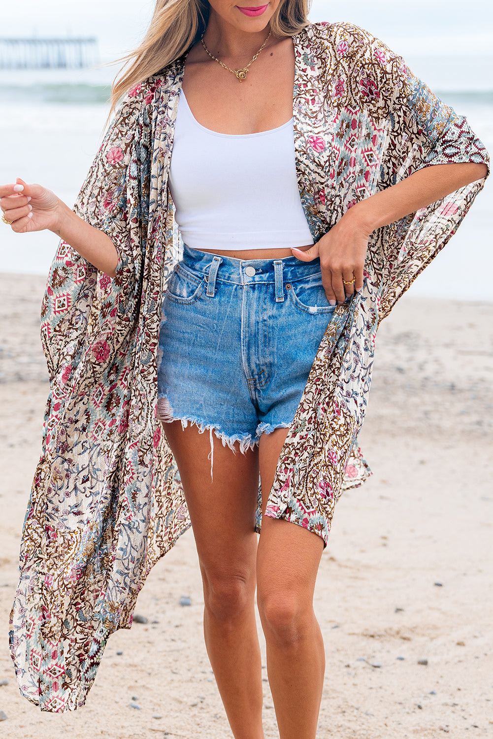 Apricot Floral Print Short Wide Sleeve Open Front Loose Kimono Kimonos JT's Designer Fashion
