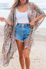Apricot Floral Print Short Wide Sleeve Open Front Loose Kimono Kimonos JT's Designer Fashion