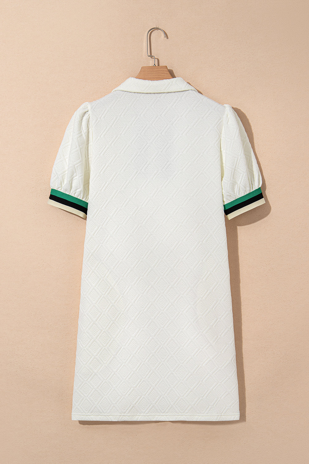 White Textured Jacquard Colorblock Edge Puff Sleeve Quarter Zip Mini Dress Dresses JT's Designer Fashion