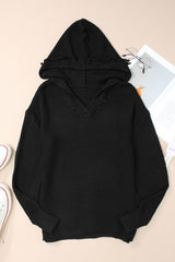 Black V Neck Ribbed Drop Shoulder Hooded Sweater Sweaters & Cardigans JT's Designer Fashion
