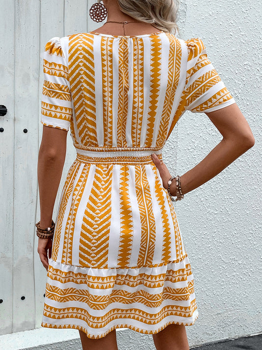 Geometric Notched Short Sleeve Mini Dress Mini Dresses JT's Designer Fashion