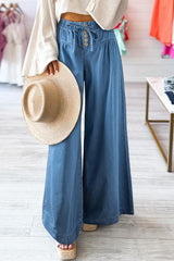 Dusk Blue Mineral Wash Button Fly Waist Wide Leg Jeans Dusk Blue 100%Cotton Jeans JT's Designer Fashion