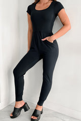 Black Short Sleeve Pocket Jogger Bottom Athleisure Jumpsuit Bottoms JT's Designer Fashion