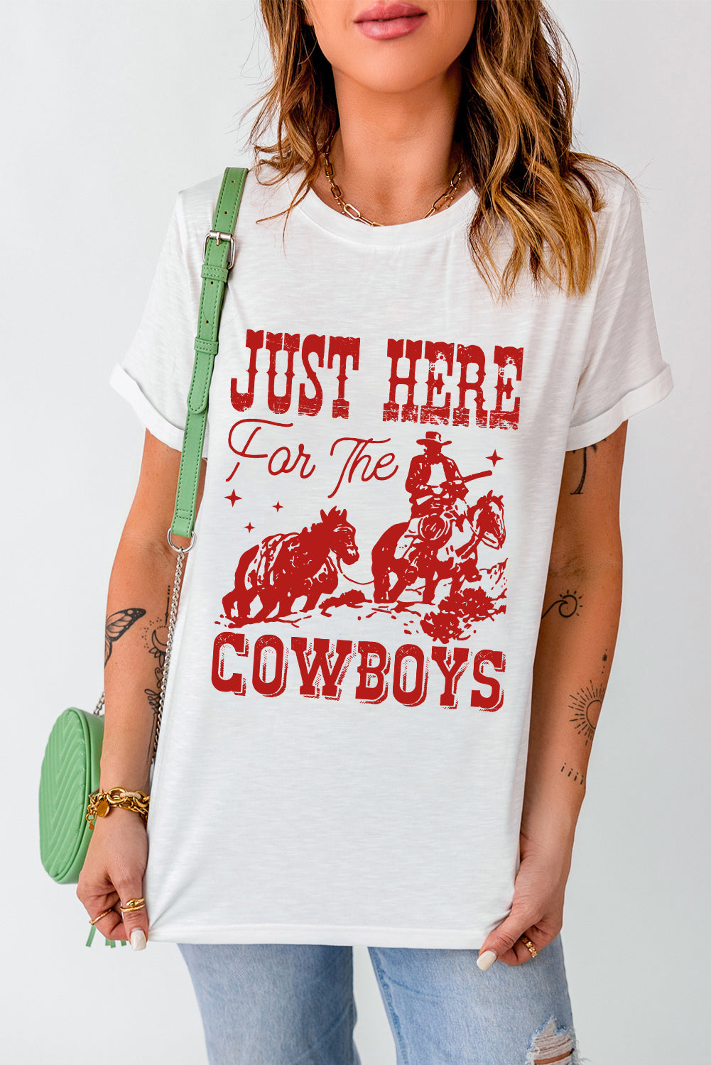 White JUST HERE For THE COWBOY Cuffed Sleeve Crew Neck T Shirt Graphic Tees JT's Designer Fashion