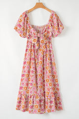 Pink Floral Square Neck Knotted Ruffle Midi Dress Floral Dresses JT's Designer Fashion