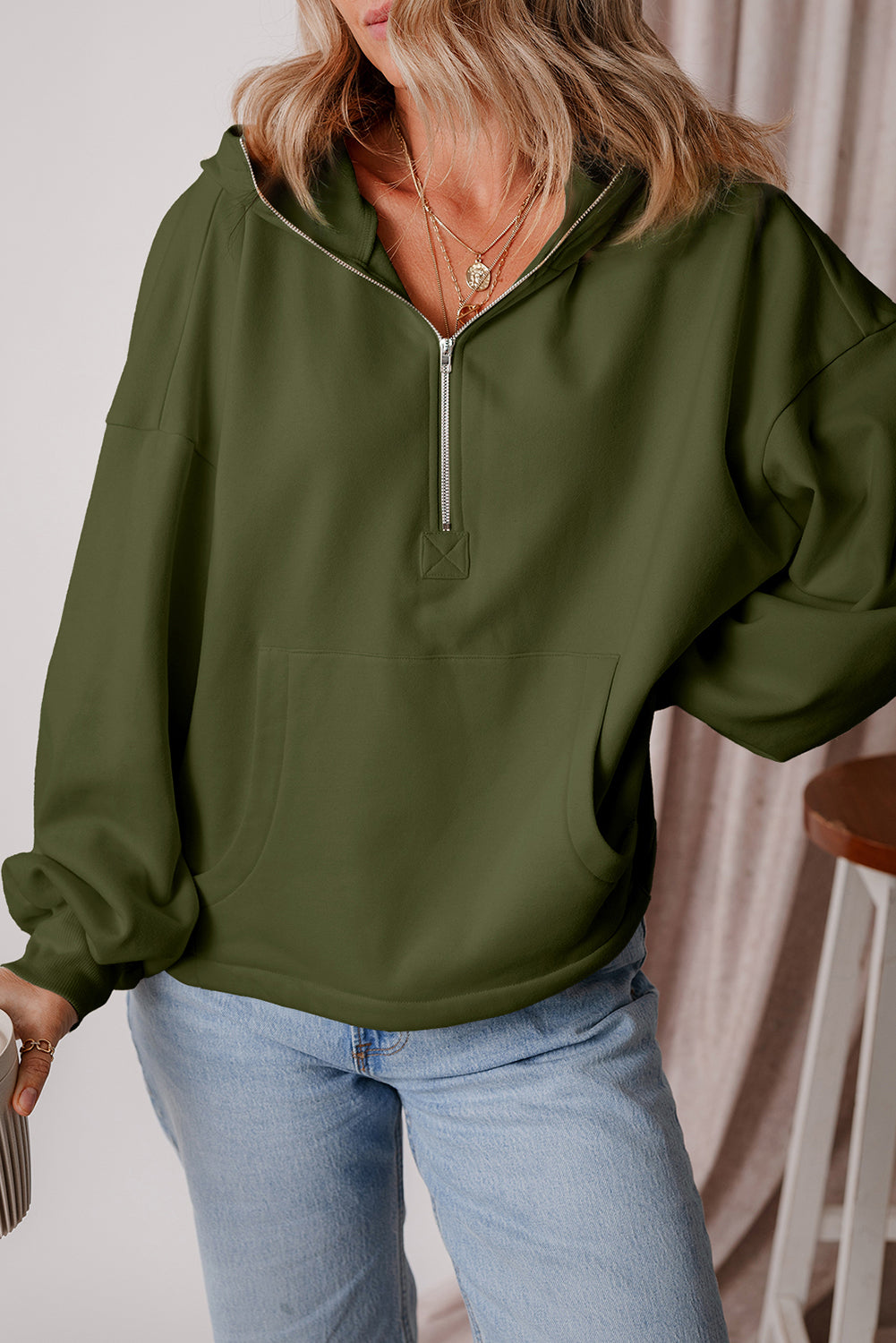 Moss Green Fleece Lined Half Zipper Kangaroo Pockets Loose Hoodie Sweatshirts & Hoodies JT's Designer Fashion