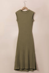 Jungle Green Waffle Knit Sleeveless Long Dress with Slits Maxi Dresses JT's Designer Fashion