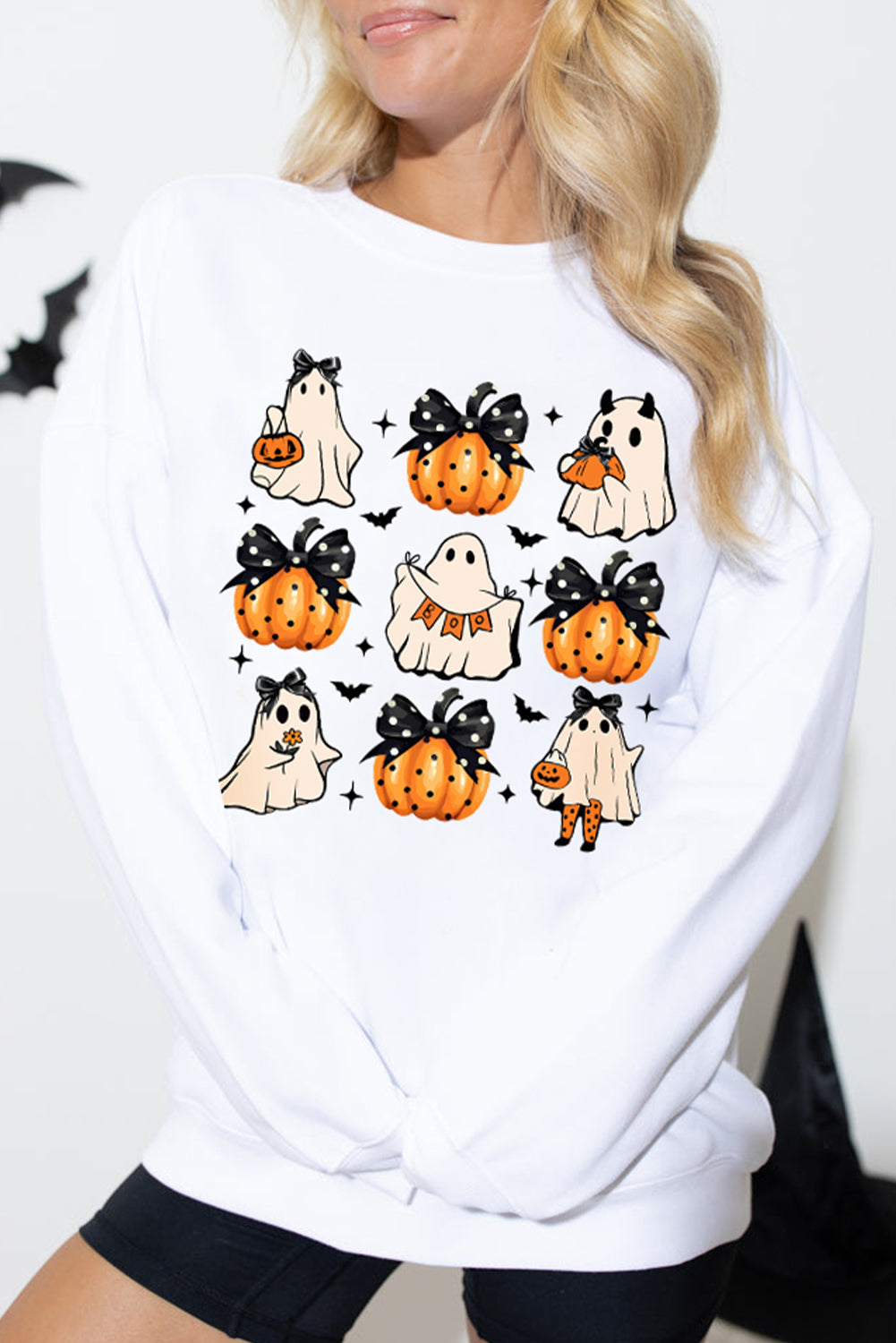 Beige Halloween Ghost Pumpkin Print Crew Neck Sweatshirt Beige 50%Polyester+50%Cotton Graphic Sweatshirts JT's Designer Fashion