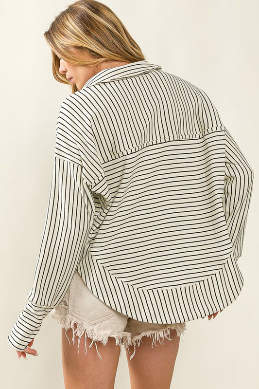 White Striped Thumbhole Drop Shoulder V Neck Top Long Sleeve Tops JT's Designer Fashion