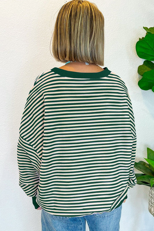 Green Stripe Loose Drop Shoulder Long Sleeve Top Long Sleeve Tops JT's Designer Fashion