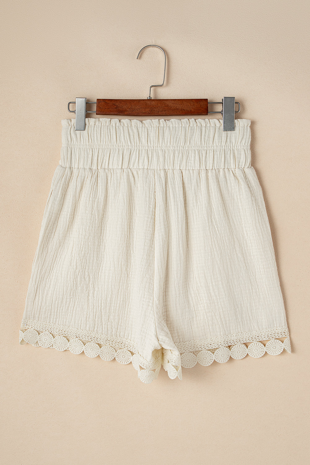 Apricot Textured Frilled Knotted High Waist Lace Hem Shorts Casual Shorts JT's Designer Fashion