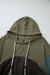 Laurel Green Mixed Textured Colorblock Patchwork Wide Sleeve Frayed High Low Hooded Top Long Sleeve Tops JT's Designer Fashion