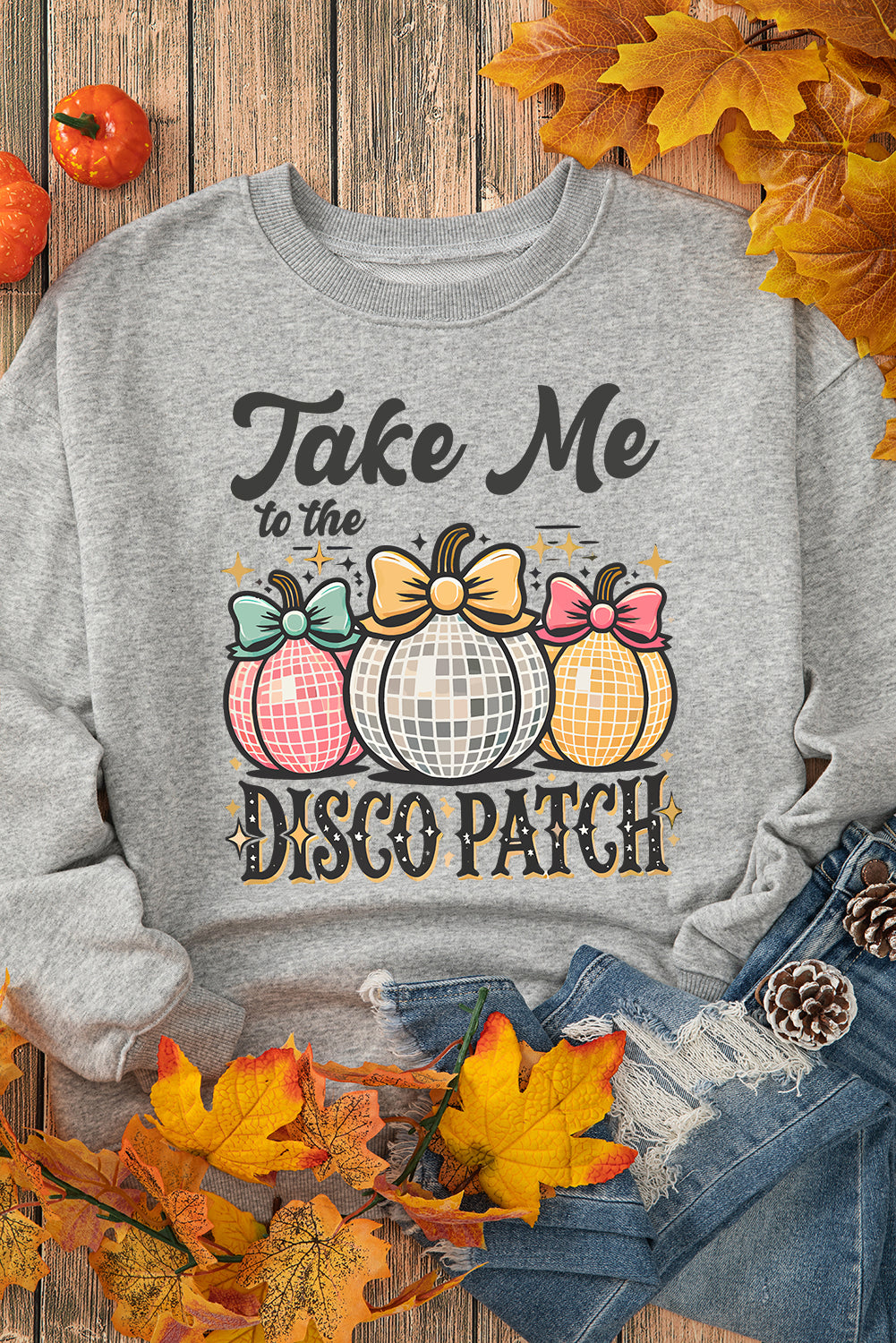 Gray Disco Ball Bowknot Pumpkin Graphic Crewneck Sweatshirt Gray 50%Polyester+50%Cotton Graphic Sweatshirts JT's Designer Fashion