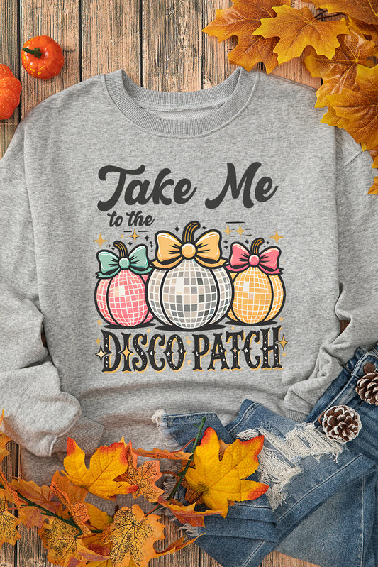 Gray Disco Ball Bowknot Pumpkin Graphic Crewneck Sweatshirt Gray 50%Polyester+50%Cotton Graphic Sweatshirts JT's Designer Fashion