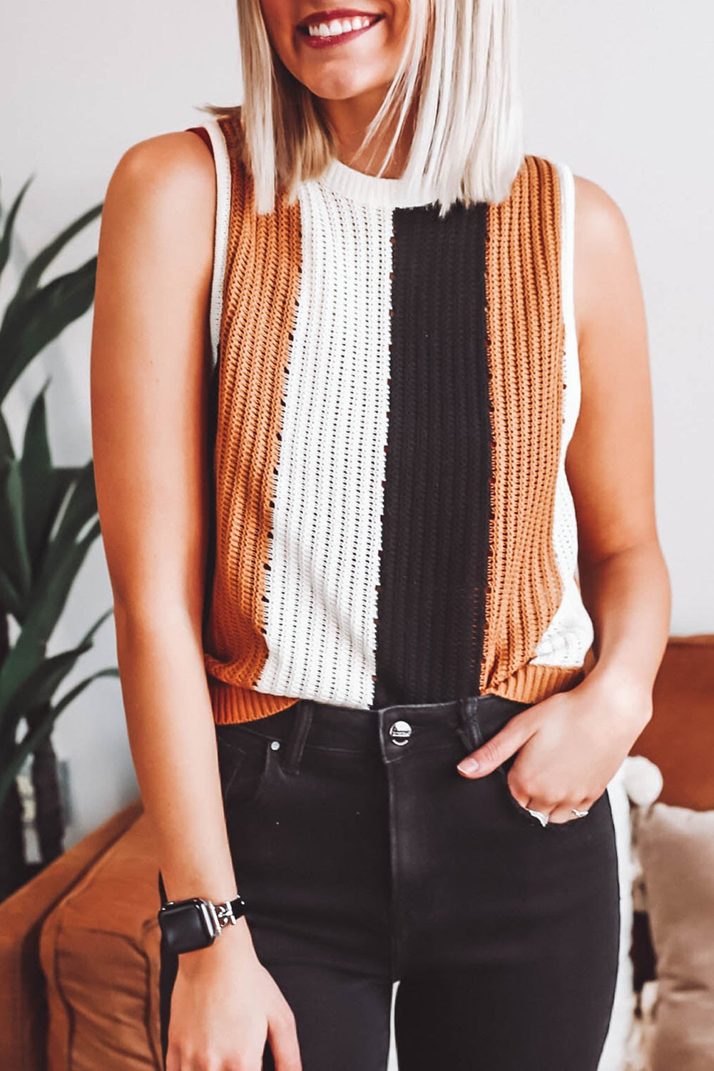 Khaki Stripe Color Block Sleeveless Knitted Sweater Sweaters & Cardigans JT's Designer Fashion