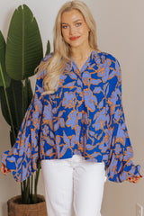 Blue Floral Print Batwing Sleeve Buttoned Loose Fit Shirt Blouses & Shirts JT's Designer Fashion
