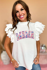 White MAMA Leopard Embroidered Layered Scalloped Sleeve Top Graphic Tees JT's Designer Fashion