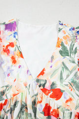 Pink Floral Double Ruffle Sleeve V Neck High Waist Mini Dress Floral Dresses JT's Designer Fashion